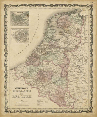 Johnsons Map of Holland and Belgium Black Ornate Wood Framed Art Print with Double Matting by Johnson