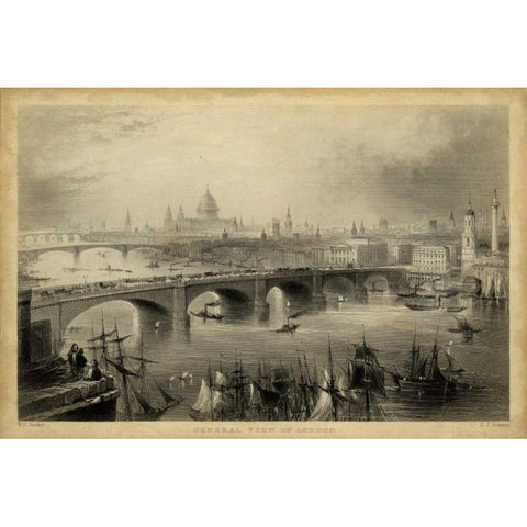 General View of London Black Modern Wood Framed Art Print with Double Matting by Bartlett, W.H.