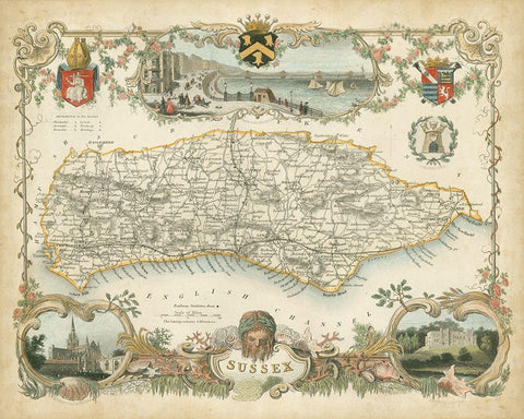 Map of Sussex Black Ornate Wood Framed Art Print with Double Matting by Unknown