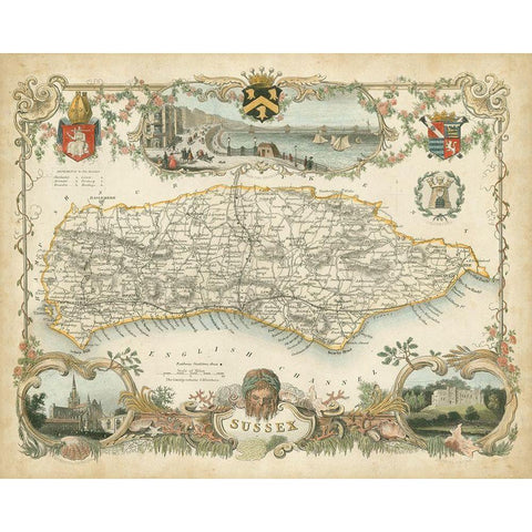 Map of Sussex Gold Ornate Wood Framed Art Print with Double Matting by Unknown