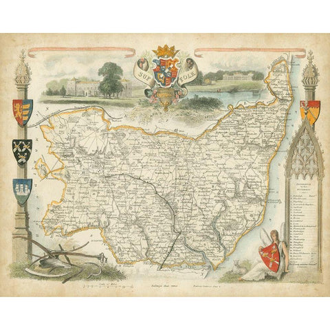 Map of Suffolk Gold Ornate Wood Framed Art Print with Double Matting by Unknown