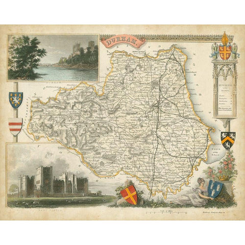 Map of Durham Black Modern Wood Framed Art Print with Double Matting by Unknown