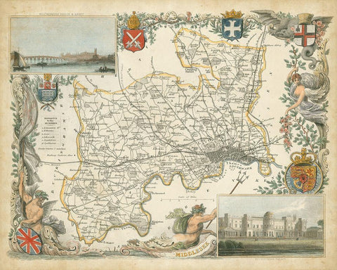 Map of Middlesex Black Ornate Wood Framed Art Print with Double Matting by Unknown