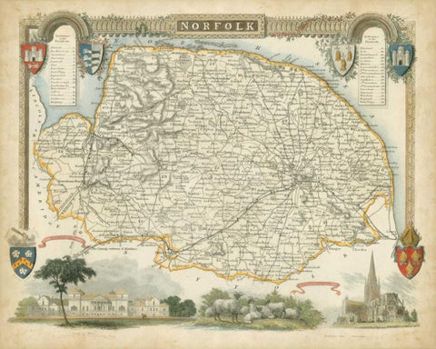 Map of Norfolk Black Ornate Wood Framed Art Print with Double Matting by Unknown