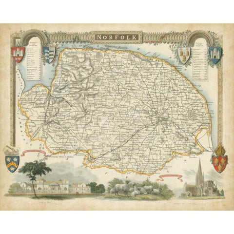 Map of Norfolk Gold Ornate Wood Framed Art Print with Double Matting by Unknown