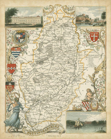 Map of Nottinghamshire Black Ornate Wood Framed Art Print with Double Matting by Unknown