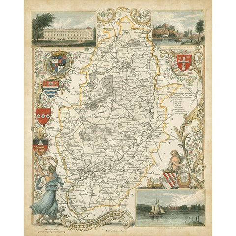 Map of Nottinghamshire Gold Ornate Wood Framed Art Print with Double Matting by Unknown