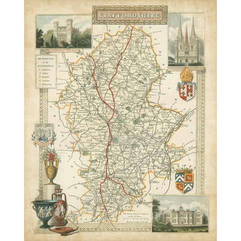 Map of Staffordshire Black Modern Wood Framed Art Print with Double Matting by Unknown