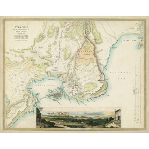 Map of Syracuse Black Modern Wood Framed Art Print with Double Matting by Davies, R.B.