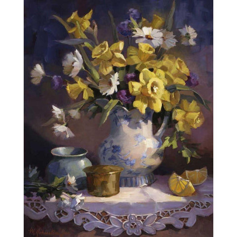 Daffodils and Lace Black Modern Wood Framed Art Print with Double Matting by Johnston, Maxine