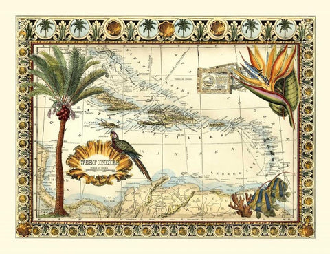Tropical Map of West Indies Black Ornate Wood Framed Art Print with Double Matting by Vision Studio