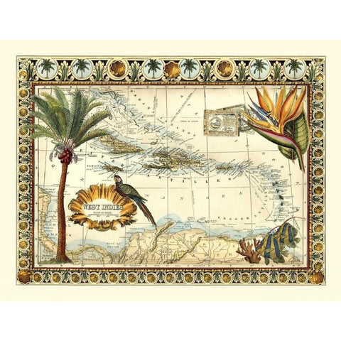 Tropical Map of West Indies Black Modern Wood Framed Art Print by Vision Studio