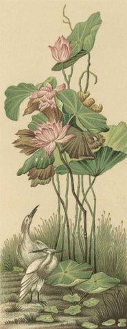 Crane and Lotus Panel I Black Ornate Wood Framed Art Print with Double Matting by Racinet