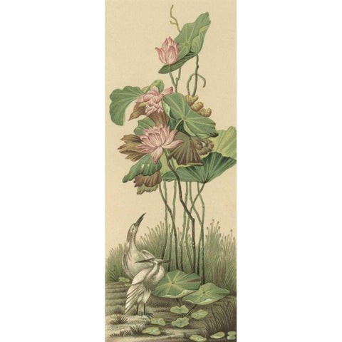 Crane and Lotus Panel I Gold Ornate Wood Framed Art Print with Double Matting by Racinet