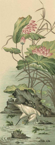 Crane and Lotus Panel II Black Ornate Wood Framed Art Print with Double Matting by Racinet