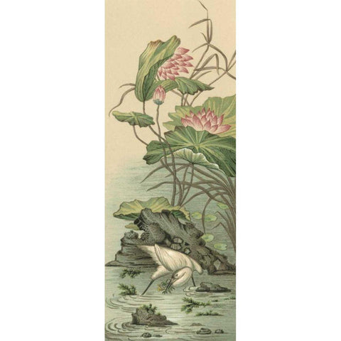 Crane and Lotus Panel II Gold Ornate Wood Framed Art Print with Double Matting by Racinet