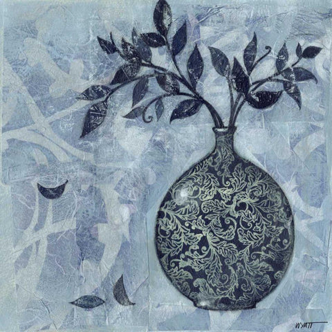 Ornate Vase with Indigo Leaves I White Modern Wood Framed Art Print with Double Matting by Wyatt Jr., Norman