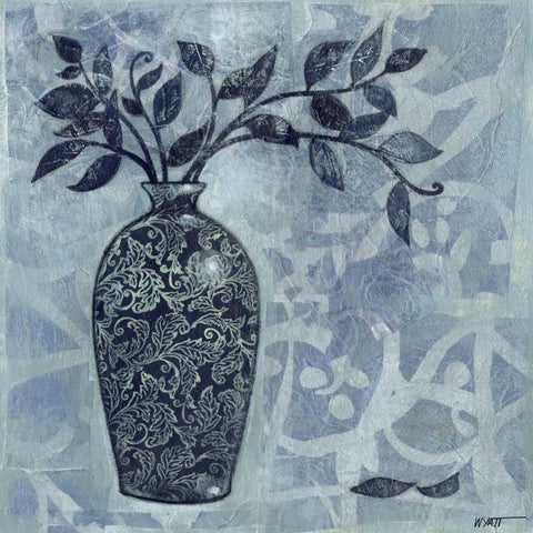 Ornate Vase with Indigo Leaves II White Modern Wood Framed Art Print with Double Matting by Wyatt Jr., Norman