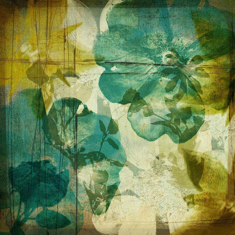 Vintage Teal Blooms I White Modern Wood Framed Art Print with Double Matting by Mountain, Ricki