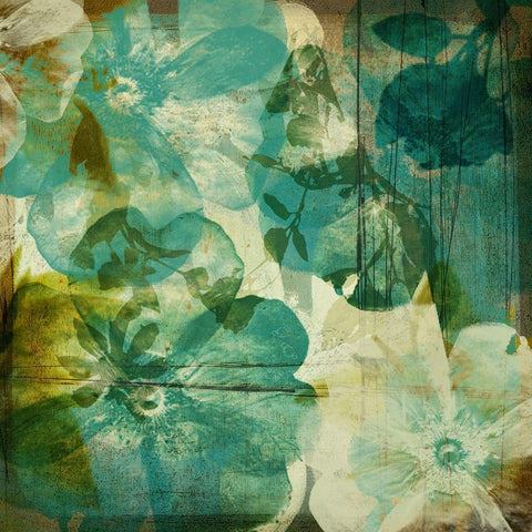 Vintage Teal Blooms II Black Ornate Wood Framed Art Print with Double Matting by Mountain, Ricki