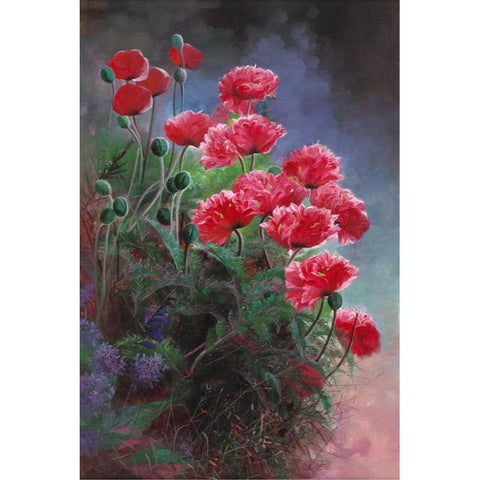 Vibrant Poppies Black Modern Wood Framed Art Print with Double Matting by Bo, Li