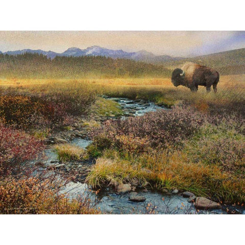 Bison and Creek Gold Ornate Wood Framed Art Print with Double Matting by Vest, Chris