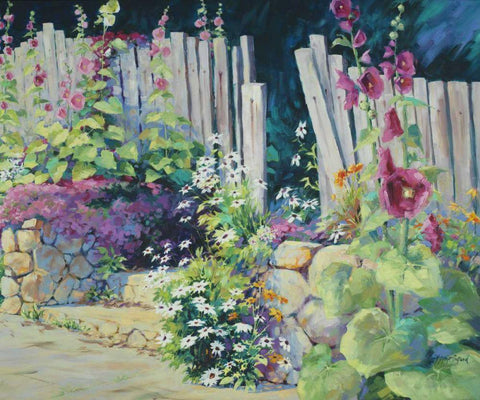 Hollyhock Garden Black Ornate Wood Framed Art Print with Double Matting by Pollard, Julie G.