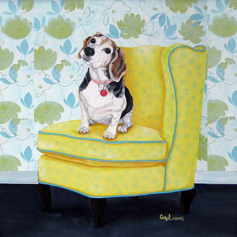 Beagle on Yellow Black Ornate Wood Framed Art Print with Double Matting by Dillon, Carol