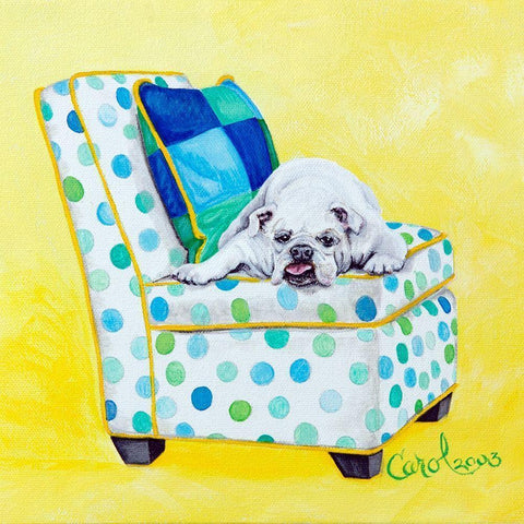 Bulldog on Polka Dots White Modern Wood Framed Art Print by Dillon, Carol