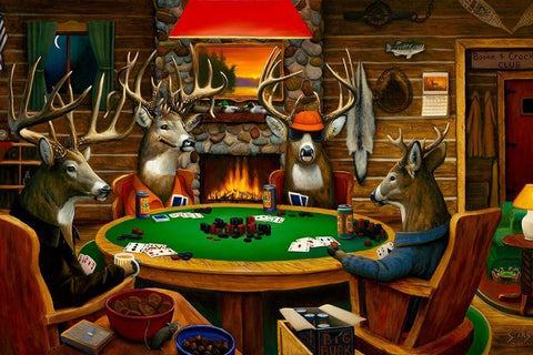 Deer Camp Black Ornate Wood Framed Art Print with Double Matting by Stans, Leo