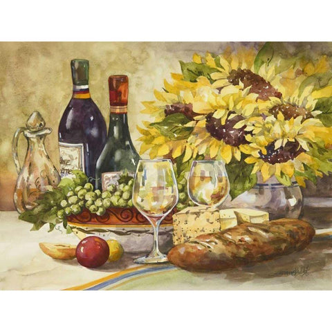 Wine and Sunflowers Black Modern Wood Framed Art Print by Van Dijk, Jerianne