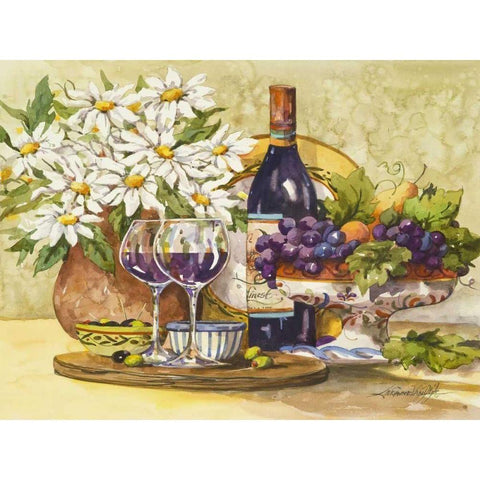 Wine and Daisies White Modern Wood Framed Art Print by Van Dijk, Jerianne