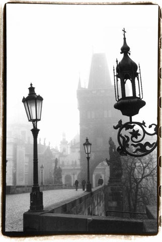 Charles Bridge in Morning Fog I White Modern Wood Framed Art Print with Double Matting by DeNardo, Laura