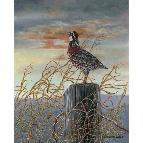 Quail on a Post Gold Ornate Wood Framed Art Print with Double Matting by Mock, Carolyn