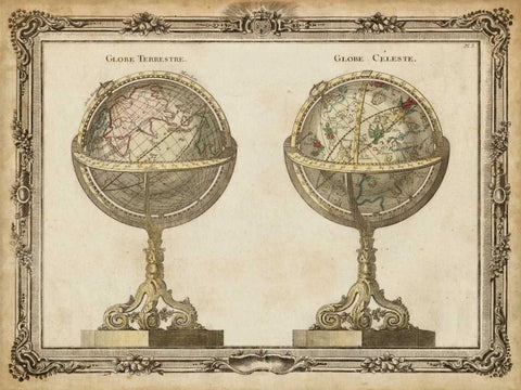 Terrestrial and Celestial Globes White Modern Wood Framed Art Print with Double Matting by Vision Studio