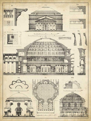 Vintage Architects Plan III White Modern Wood Framed Art Print with Double Matting by Vision Studio