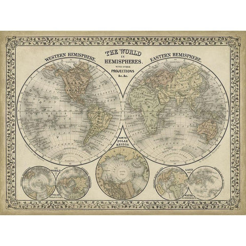 The World in Hemispheres Gold Ornate Wood Framed Art Print with Double Matting by Mitchell