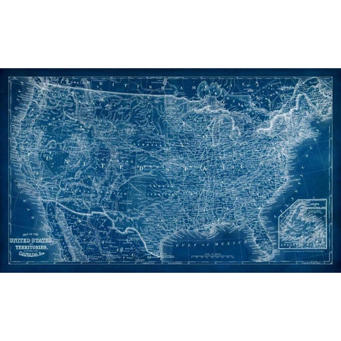 US Map Blueprint Black Modern Wood Framed Art Print with Double Matting by Vision Studio