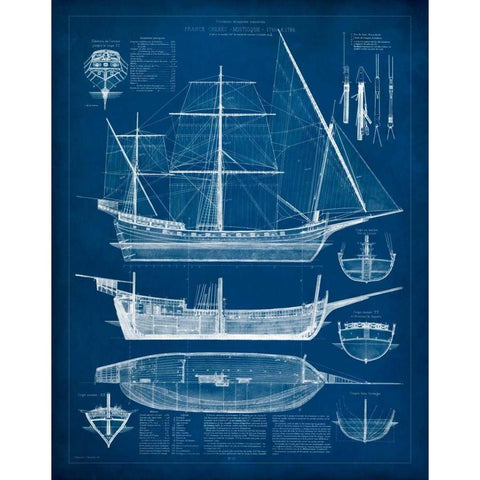 Antique Ship Blueprint I Black Modern Wood Framed Art Print with Double Matting by Vision Studio