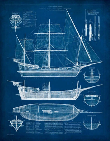 Antique Ship Blueprint I White Modern Wood Framed Art Print with Double Matting by Vision Studio