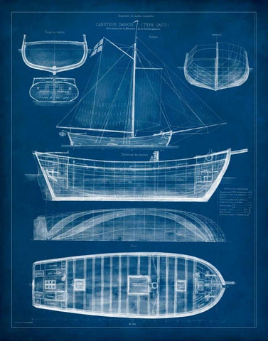 Antique Ship Blueprint II White Modern Wood Framed Art Print with Double Matting by Vision Studio