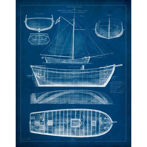 Antique Ship Blueprint II Black Modern Wood Framed Art Print by Vision Studio
