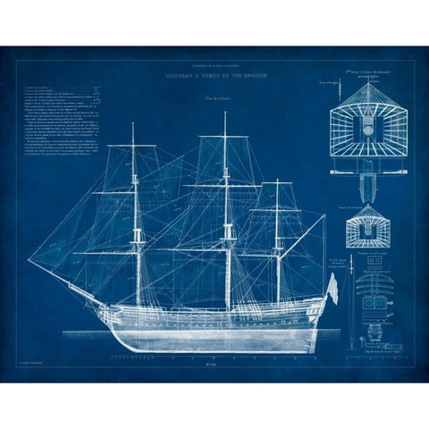 Antique Ship Blueprint IV Black Modern Wood Framed Art Print with Double Matting by Vision Studio