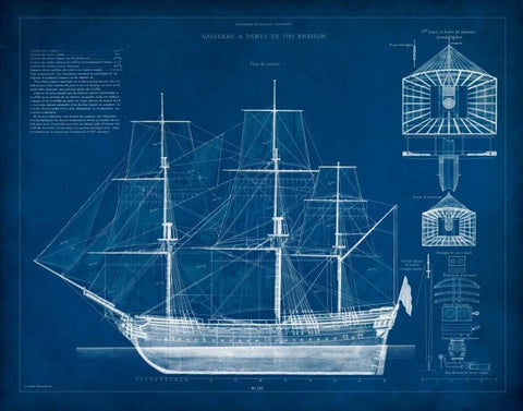 Antique Ship Blueprint IV Black Ornate Wood Framed Art Print with Double Matting by Vision Studio