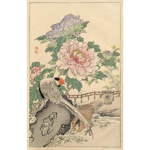 Pheasant and Peony White Modern Wood Framed Art Print by Bairei