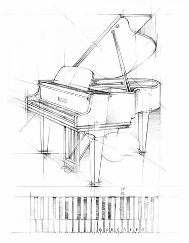 Piano Sketch White Modern Wood Framed Art Print with Double Matting by Harper, Ethan