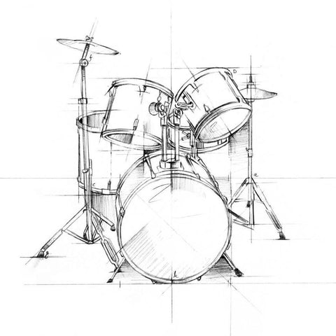 Drum Sketch Black Modern Wood Framed Art Print with Double Matting by Harper, Ethan