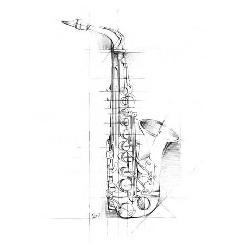 Saxophone Sketch Black Modern Wood Framed Art Print by Harper, Ethan