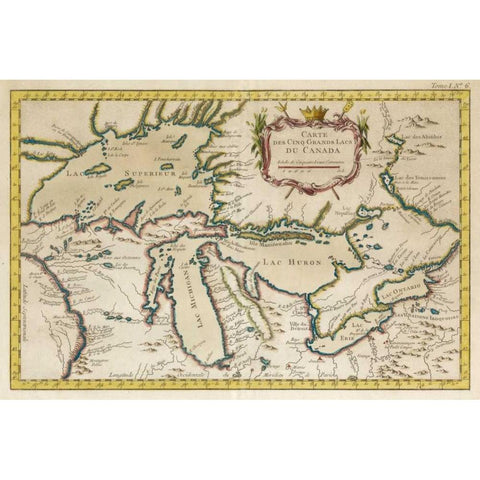 Map of the Great Lakes Gold Ornate Wood Framed Art Print with Double Matting by Unknown