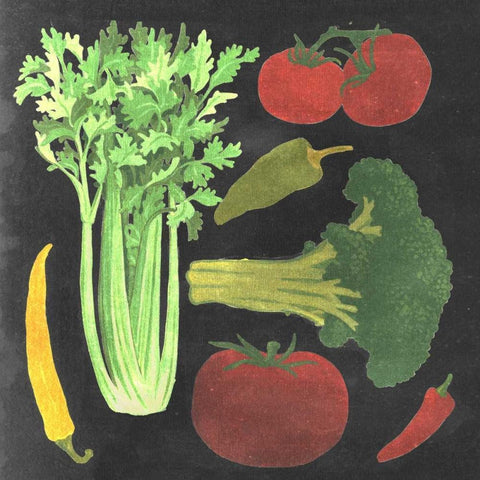 Blackboard Veggies III White Modern Wood Framed Art Print with Double Matting by Vision Studio